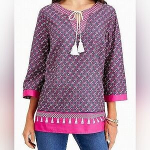 New Charter Club Blue and Pink Boxy Tunic with Tassel Tie Front Size M